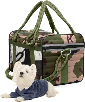| TSA Airline Approved |Soft Sided Pet Carrier | Cat Carrier | Dog Carrier| Pets Up to 15 lbs | Leash & Luggage Strap | Camo Green Handle