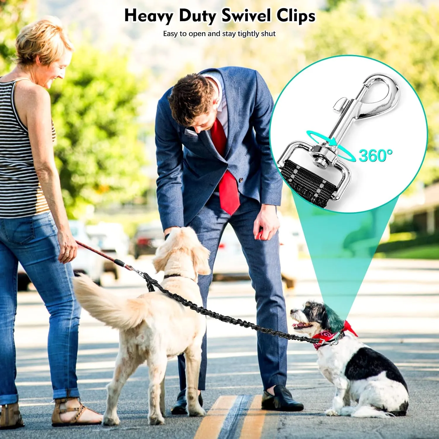 2 Dog Leash,Double Dog Leash Coupler Tangle Free Bungee Dog Leash, 360 Swivel No Tangle Double Dog Walking & Training Leash, Comfortable Shock Absorbing Reflective Bungee Lead Walk 2 Dogs with Ease