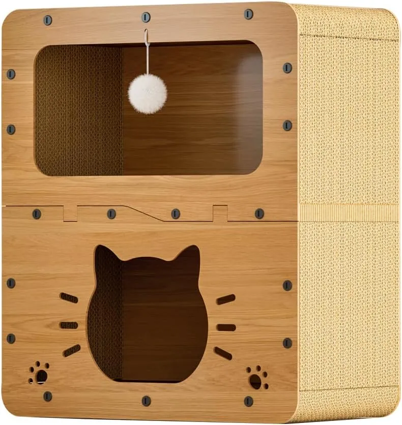 2-Level Cat Scratcher House for Indoor Pets, Cardboard House With Scratching Board, Hanging Ball Toy and Pad, Large Space Bed Furniture for Multiple Felines