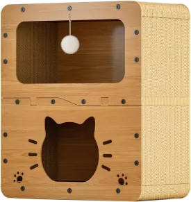 2-Level Cat Scratcher House for Indoor Pets, Cardboard House With Scratching Board, Hanging Ball Toy and Pad, Large Space Bed Furniture for Multiple Felines