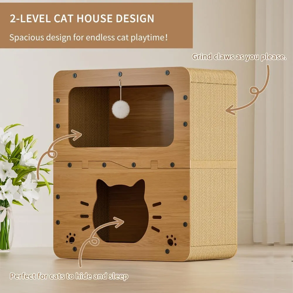 2-Level Cat Scratcher House for Indoor Pets, Cardboard House With Scratching Board, Hanging Ball Toy and Pad, Large Space Bed Furniture for Multiple Felines