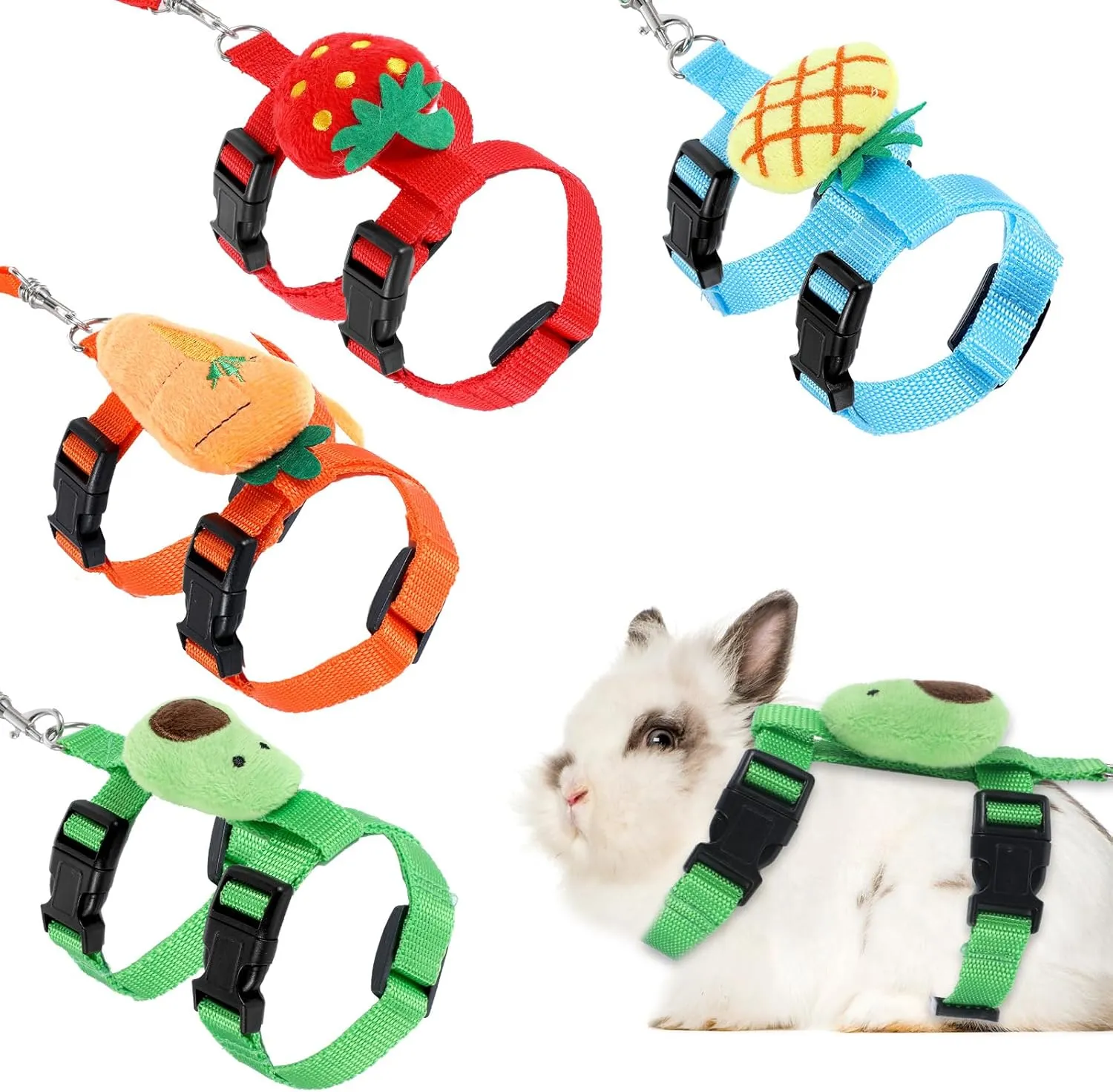 4 Sets Adjustable Rabbit Harness and Leash, Rabbit Harness and Leash Set for Small Pets (Bunny, Kitten, Puppy, Ferret, Guinea Pig), Cute Vest Harnesses Leashs with Decoration(Fruit)
