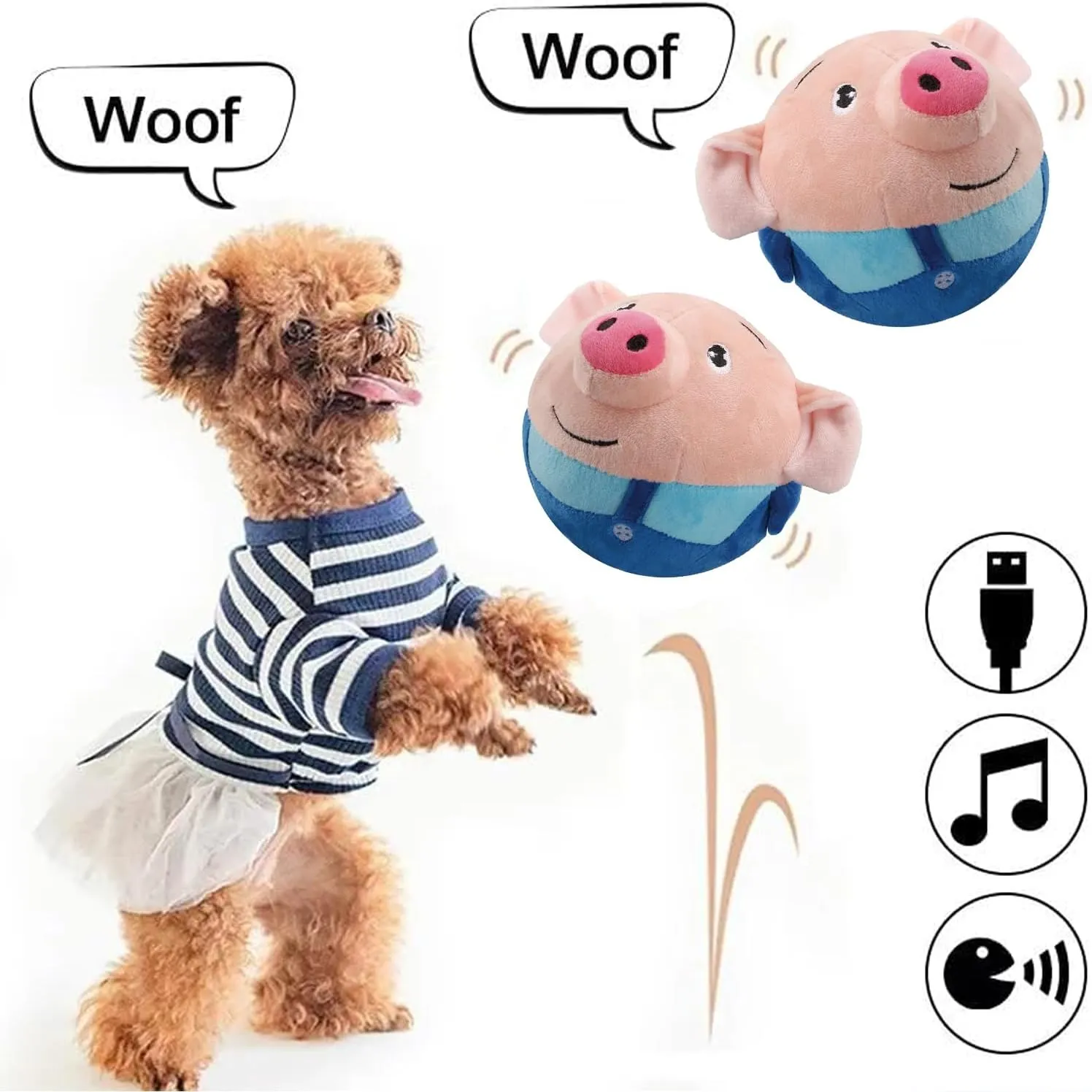 Active Moving Pet Plush Toy, Interactive Dog Toy Pet Bouncing Balls, USB Rechargeable Interactive Washable Cartoon Pig Plush Sound Electronic Dog Toy, Small Plush Sound Toys for Dogs (B)