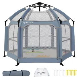 Baby Playpen with Canopy, Portable Indoor & Outdoor for Baby and Toddler, Foldable Pop up Playpen with Mat, Play Yard with Travel Bag, 6 Ground Stakes, 6 Sand Stakes