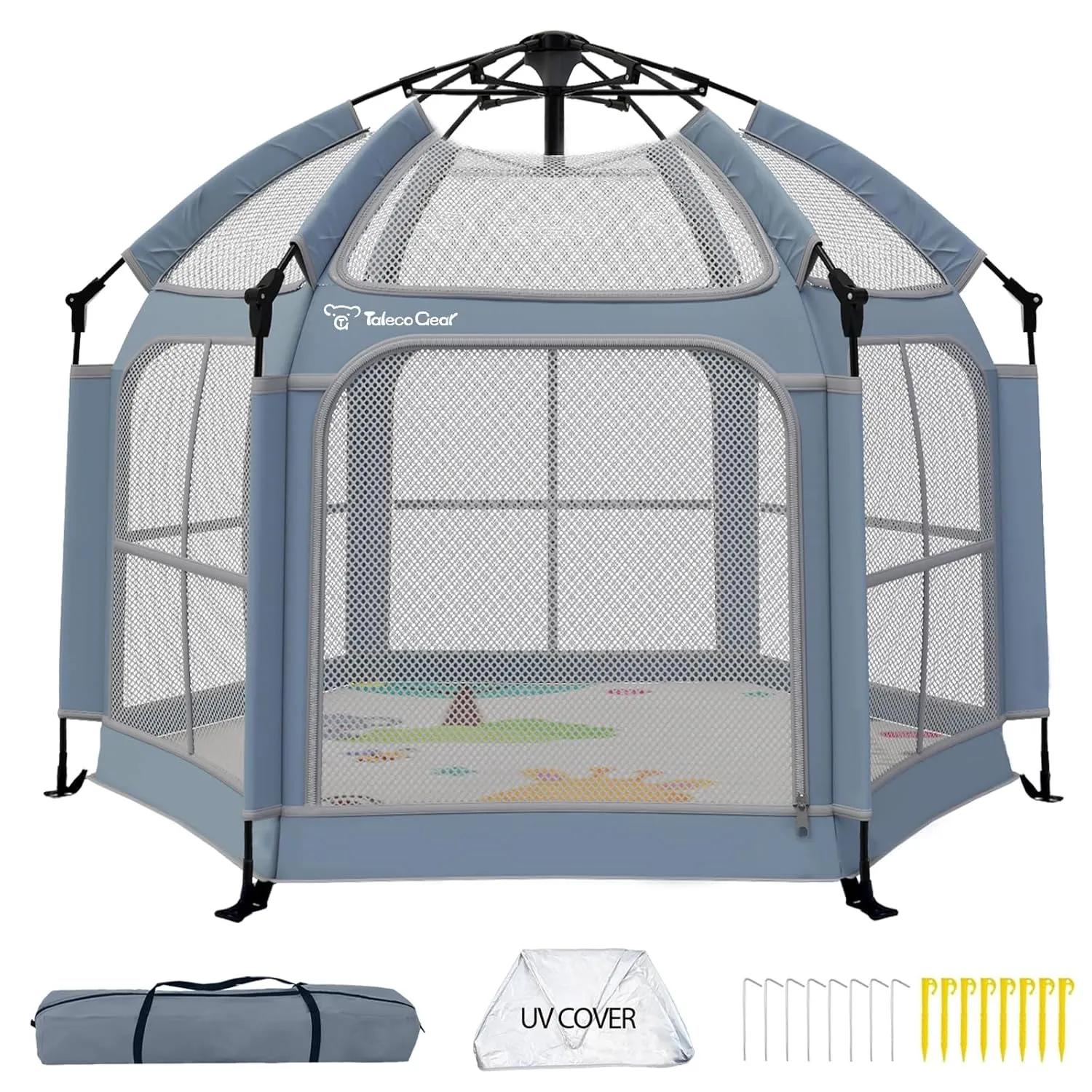 Baby Playpen with Canopy, Portable Indoor & Outdoor for Baby and Toddler, Foldable Pop up Playpen with Mat, Play Yard with Travel Bag, 6 Ground Stakes, 6 Sand Stakes