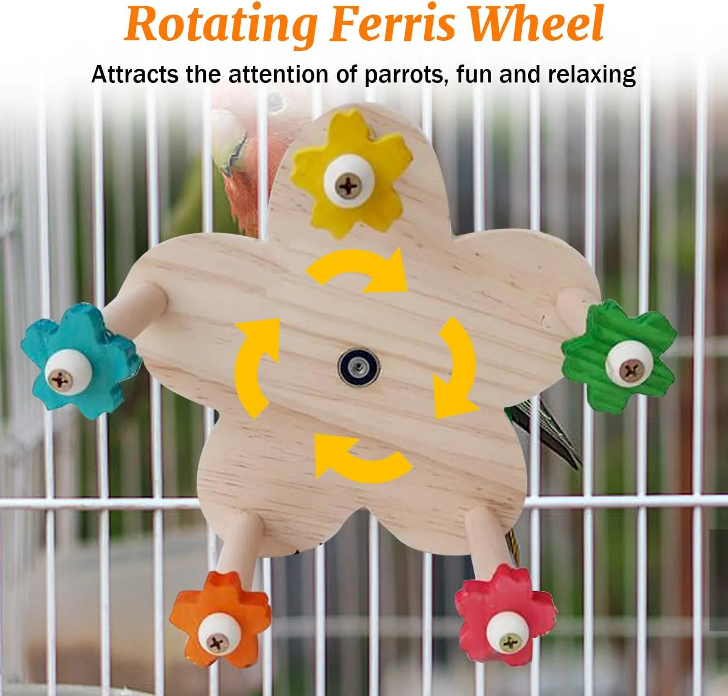 Bird Rotating Perch Toy, Wooden Ferris Wheel with 5 Color Flower Holder Perches, Hanging Bird Stand Cage Accessories for Parakeet, Parrot, Cockatiel, Budgerigar, Conure, Lovebirds (A)