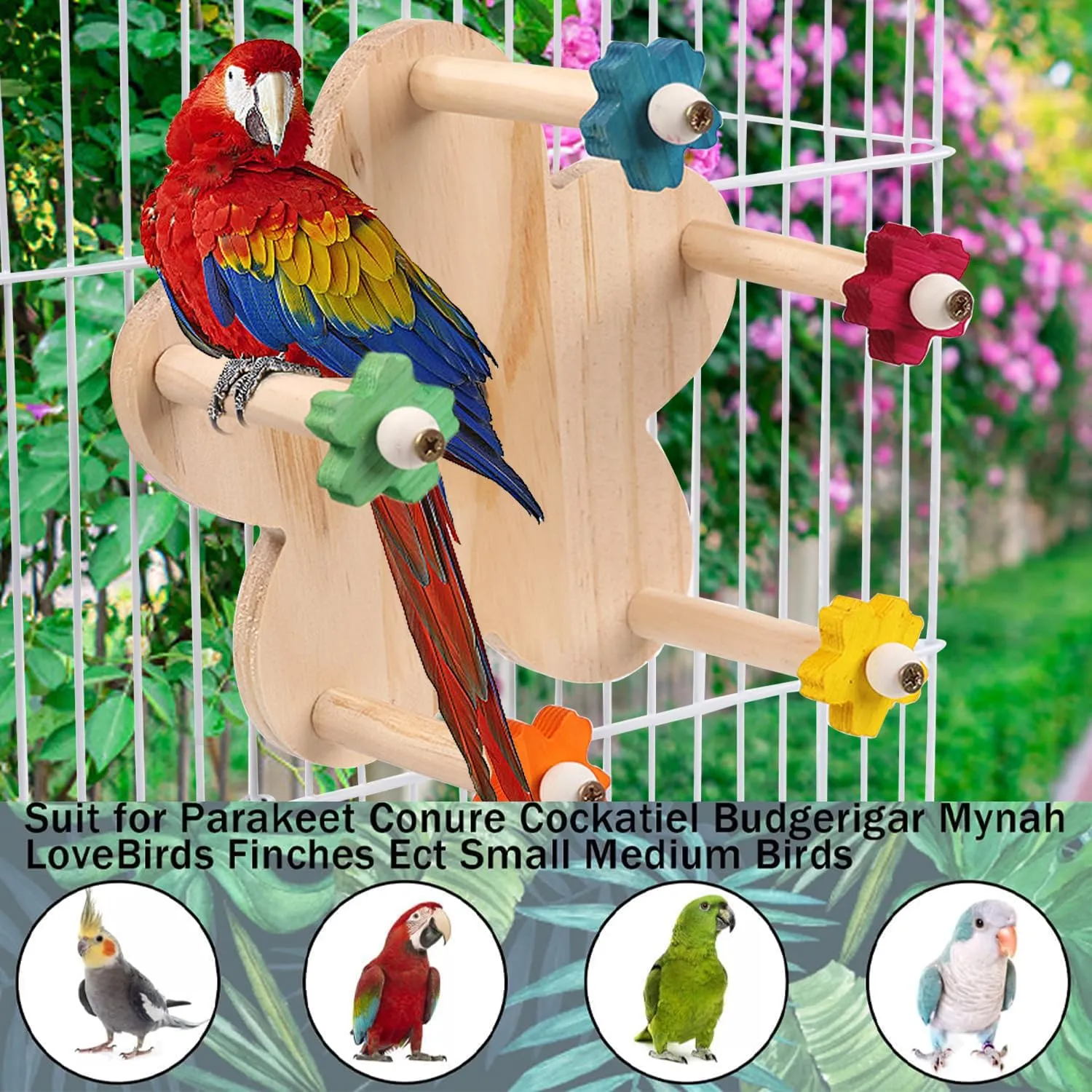 Bird Rotating Perch Toy, Wooden Ferris Wheel with 5 Color Flower Holder Perches, Hanging Bird Stand Cage Accessories for Parakeet, Parrot, Cockatiel, Budgerigar, Conure, Lovebirds (A)