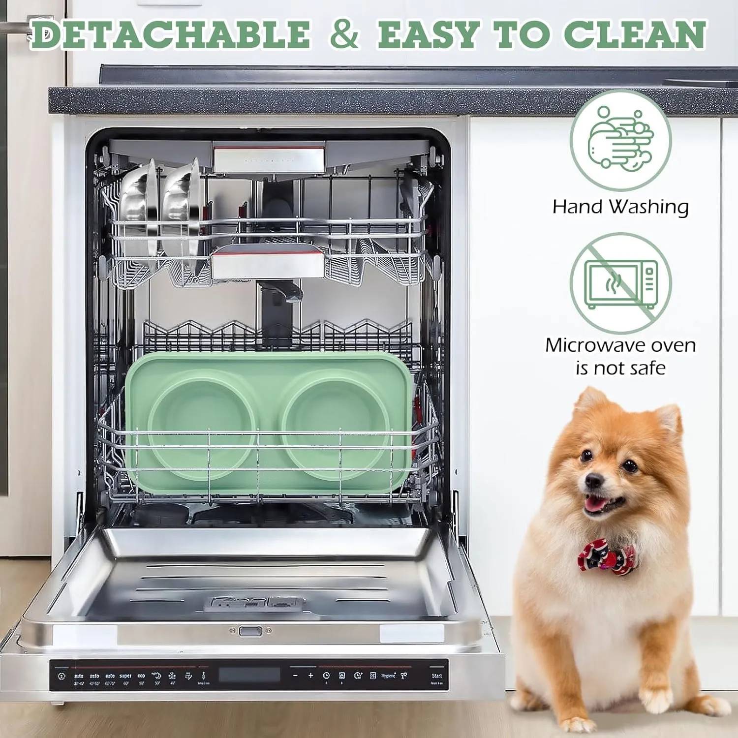 BNOSDM Double Dog Food Bowls Stainless Steel Dog Food and Water Bowls with Non-Spill Plastic Mat Pet Cat Feeder Bowl Set for Puppy Cats Kitten Small Medium Dogs Green