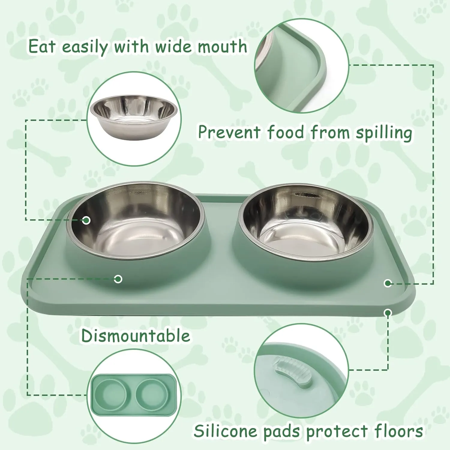 BNOSDM Double Dog Food Bowls Stainless Steel Dog Food and Water Bowls with Non-Spill Plastic Mat Pet Cat Feeder Bowl Set for Puppy Cats Kitten Small Medium Dogs Green