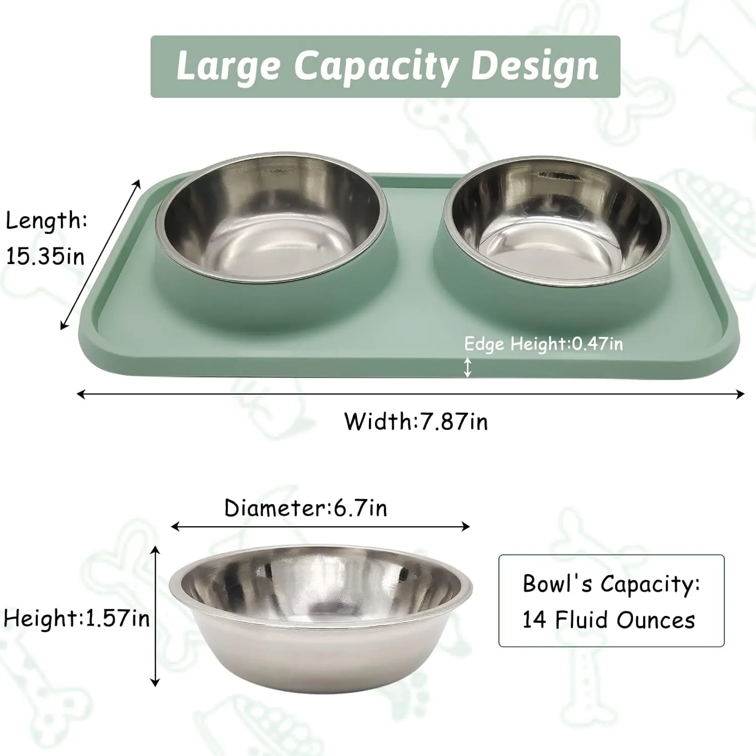 BNOSDM Double Dog Food Bowls Stainless Steel Dog Food and Water Bowls with Non-Spill Plastic Mat Pet Cat Feeder Bowl Set for Puppy Cats Kitten Small Medium Dogs Green