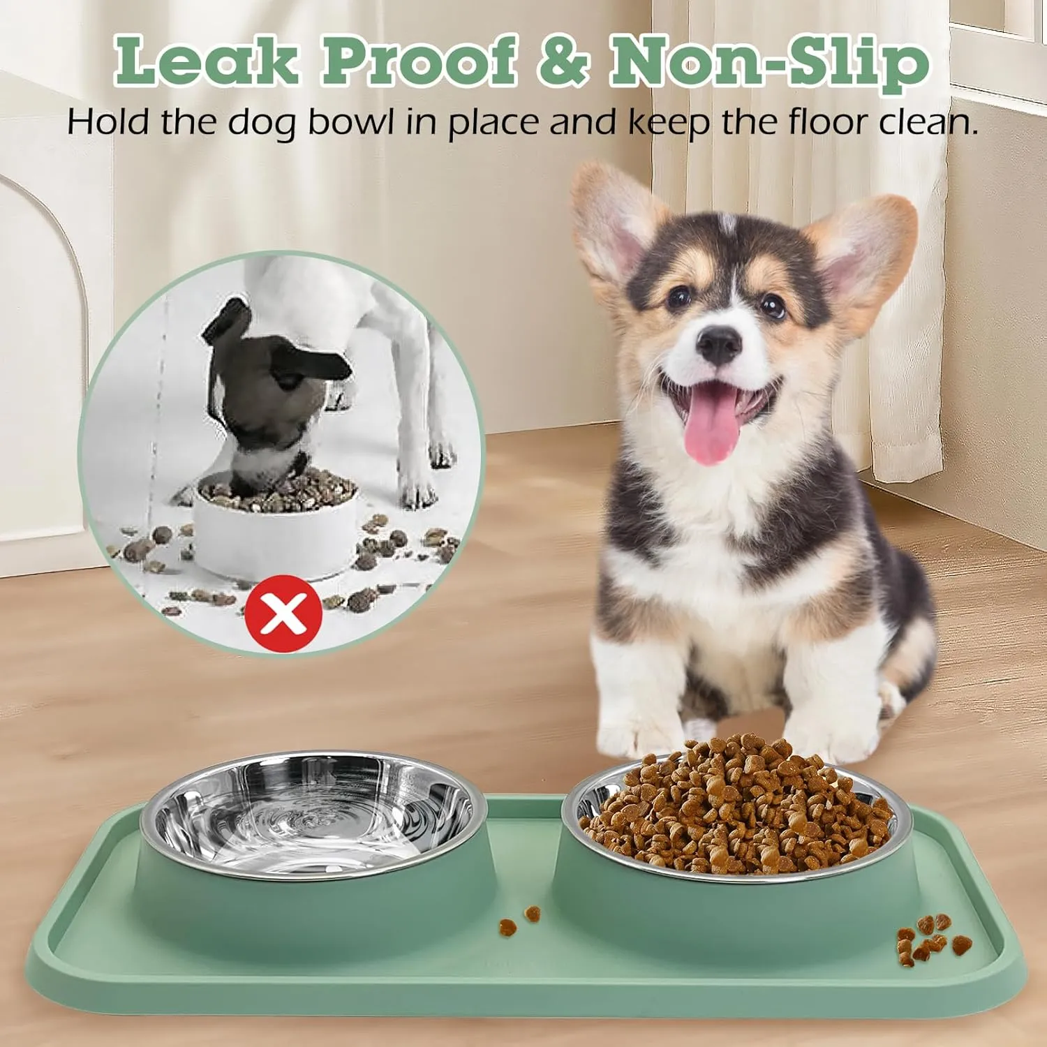BNOSDM Double Dog Food Bowls Stainless Steel Dog Food and Water Bowls with Non-Spill Plastic Mat Pet Cat Feeder Bowl Set for Puppy Cats Kitten Small Medium Dogs Green