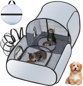 Cat Playpen with Surround Tunnel, Large Dog Pen with Breathable Soft Sides, Foldable Kitten Playpen Indoor and Outdoor, Cat Ten with Carry Bag, Cat Enclosure for Small Animals
