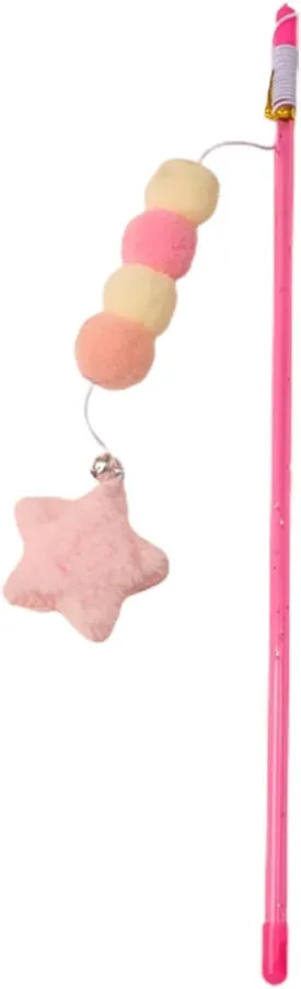 Cat Teaser Wand with Elastic Rope, Plush Ball and Star Pendant, Bite-Resistant Comfort Grip, Handmade Interactive Toy for Kittens and Cats