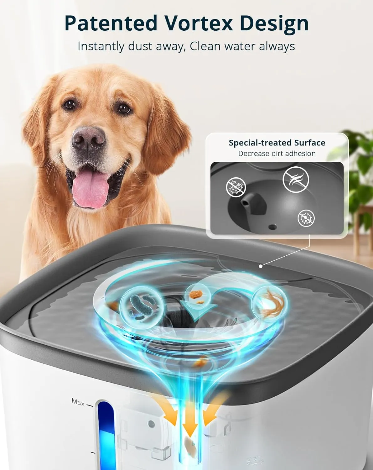 Cat Water Fountain, 135oz/4L Ultra Quiet Dog Water Fountain, Instant Clean Vortex Design, Pet Water Fountain for Cats Dogs Multiple Pets, Automatic Dog Water Dispenser with LED Light