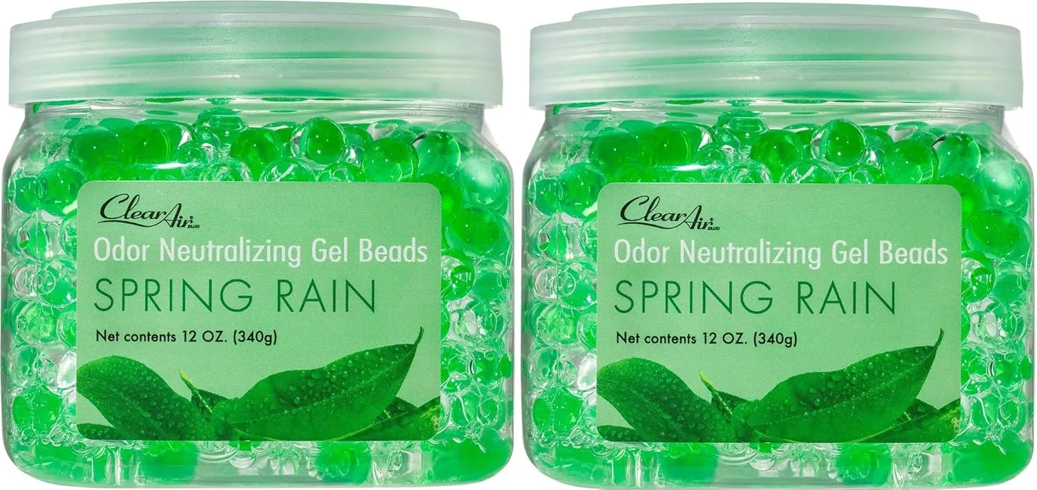 Clear Air Odor Eliminator Gel Beads - 12 oz, Pack of 2 - Air Freshener Made with Essential Oils - Eliminates Odors in Bathrooms, Cars, Boats, RVs & Pet Areas - Spring Rain Scent