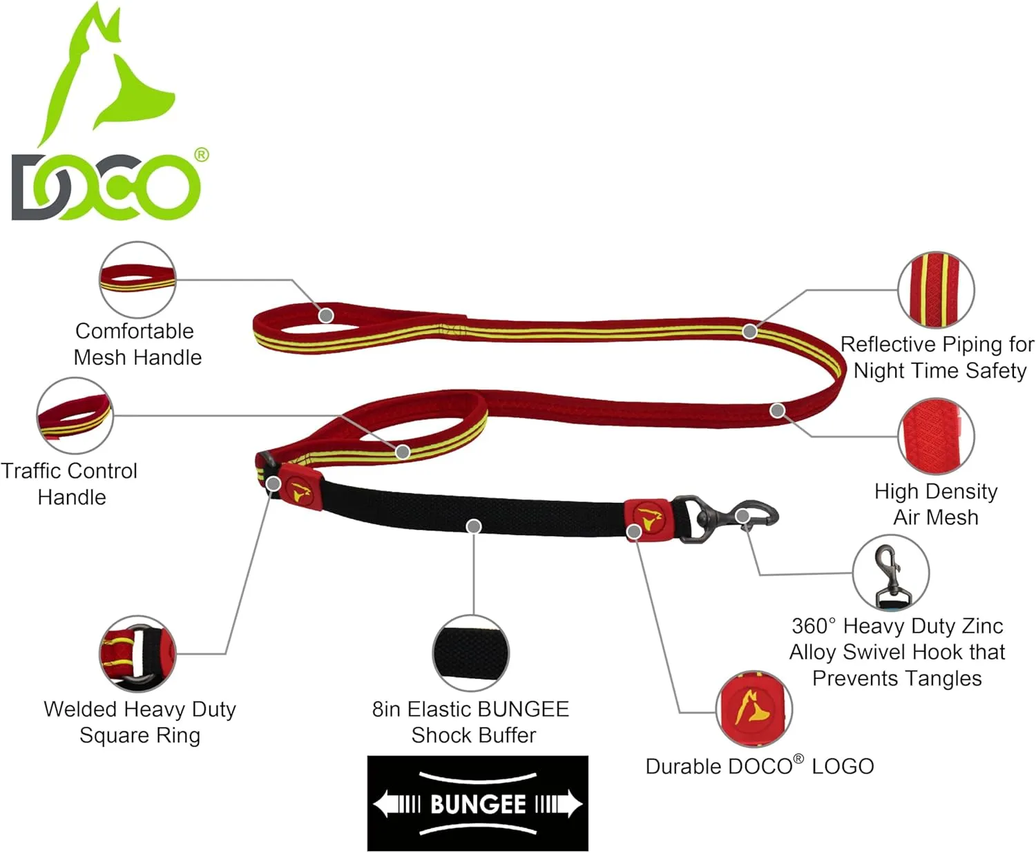 DOCO Solar Shock Absorbing Reflective Mesh Bungee Leash with Double, Traffic Handle for Walking and Training of Small, Medium and Large Dogs