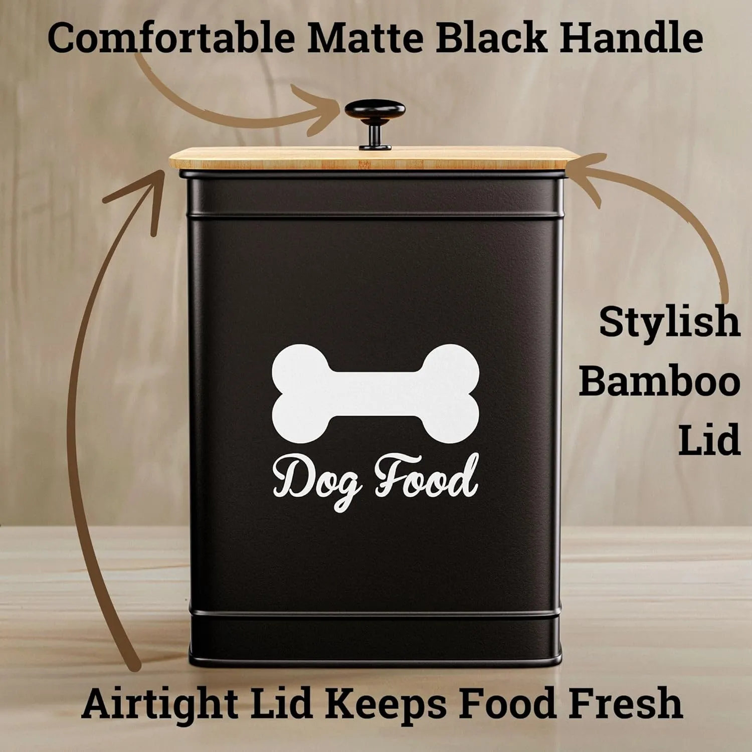 Dog Food Container Airtight 5-7 lb (25 Cup) Capacity - Cute Airtight Dog Food Storage Container with Bamboo Lid & Sturdy Metal Handle - Black Metal Kibble Storage Bin for Dogs up to 50 lbs - Pet Jar