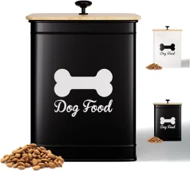 Dog Food Container Airtight 5-7 lb (25 Cup) Capacity - Cute Airtight Dog Food Storage Container with Bamboo Lid & Sturdy Metal Handle - Black Metal Kibble Storage Bin for Dogs up to 50 lbs - Pet Jar