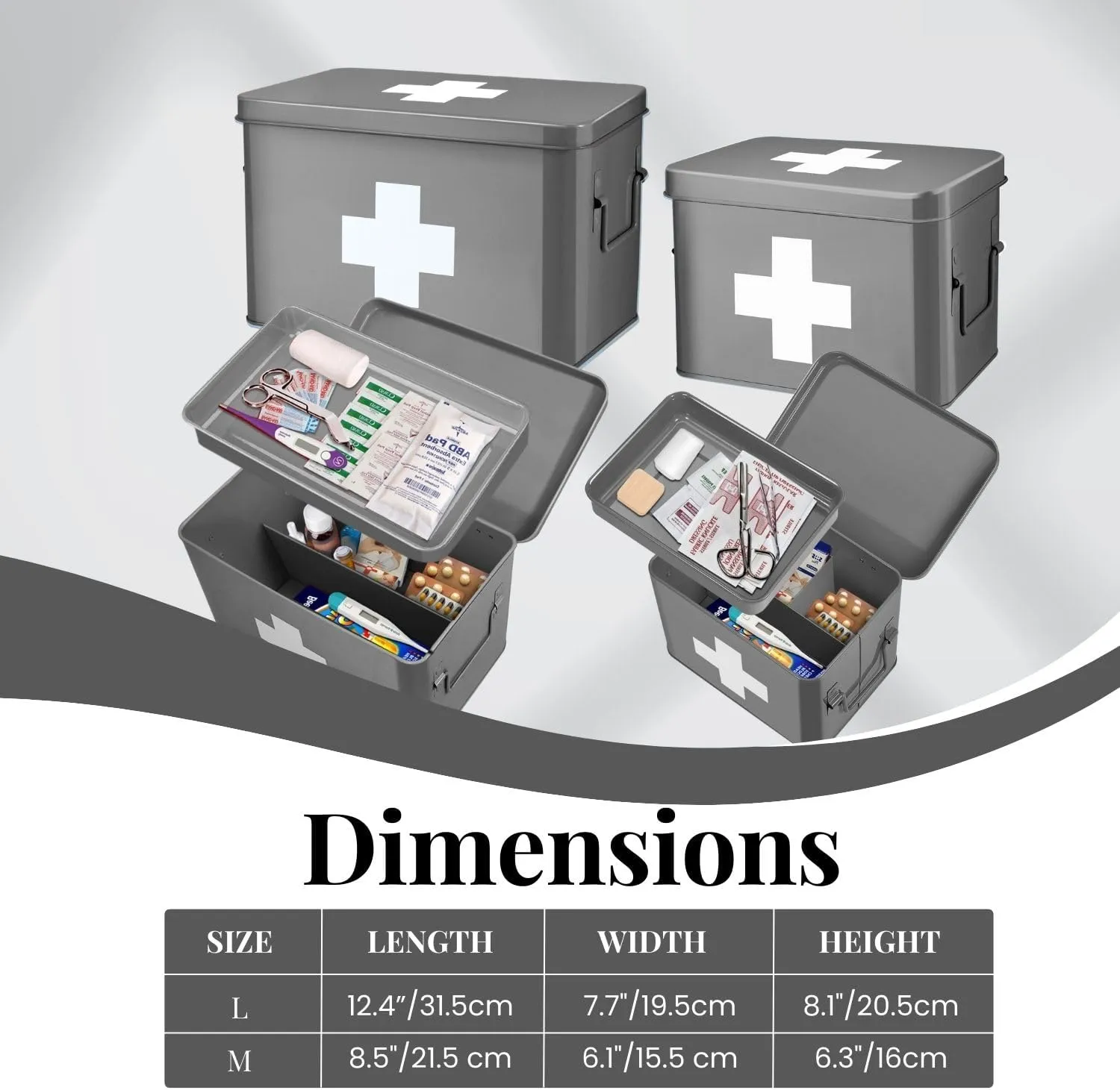 Flexzion First Aid Box Organizer, Empty 8.5 Inch Gray Vintage First Aid Kit Tin Metal Medical Box First Aid Storage Box Container Bins with Dividers, Removable Tray and Cross Logo
