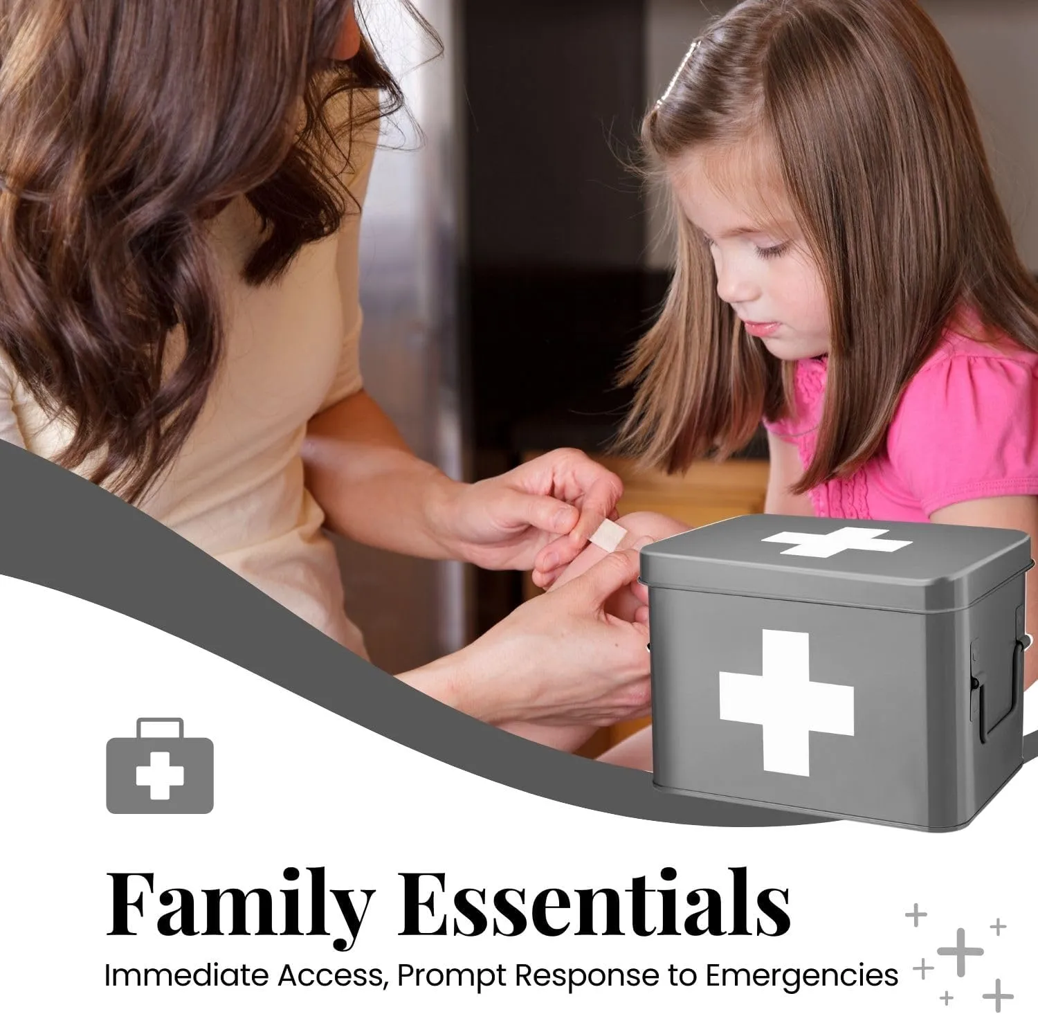Flexzion First Aid Box Organizer, Empty 8.5 Inch Gray Vintage First Aid Kit Tin Metal Medical Box First Aid Storage Box Container Bins with Dividers, Removable Tray and Cross Logo