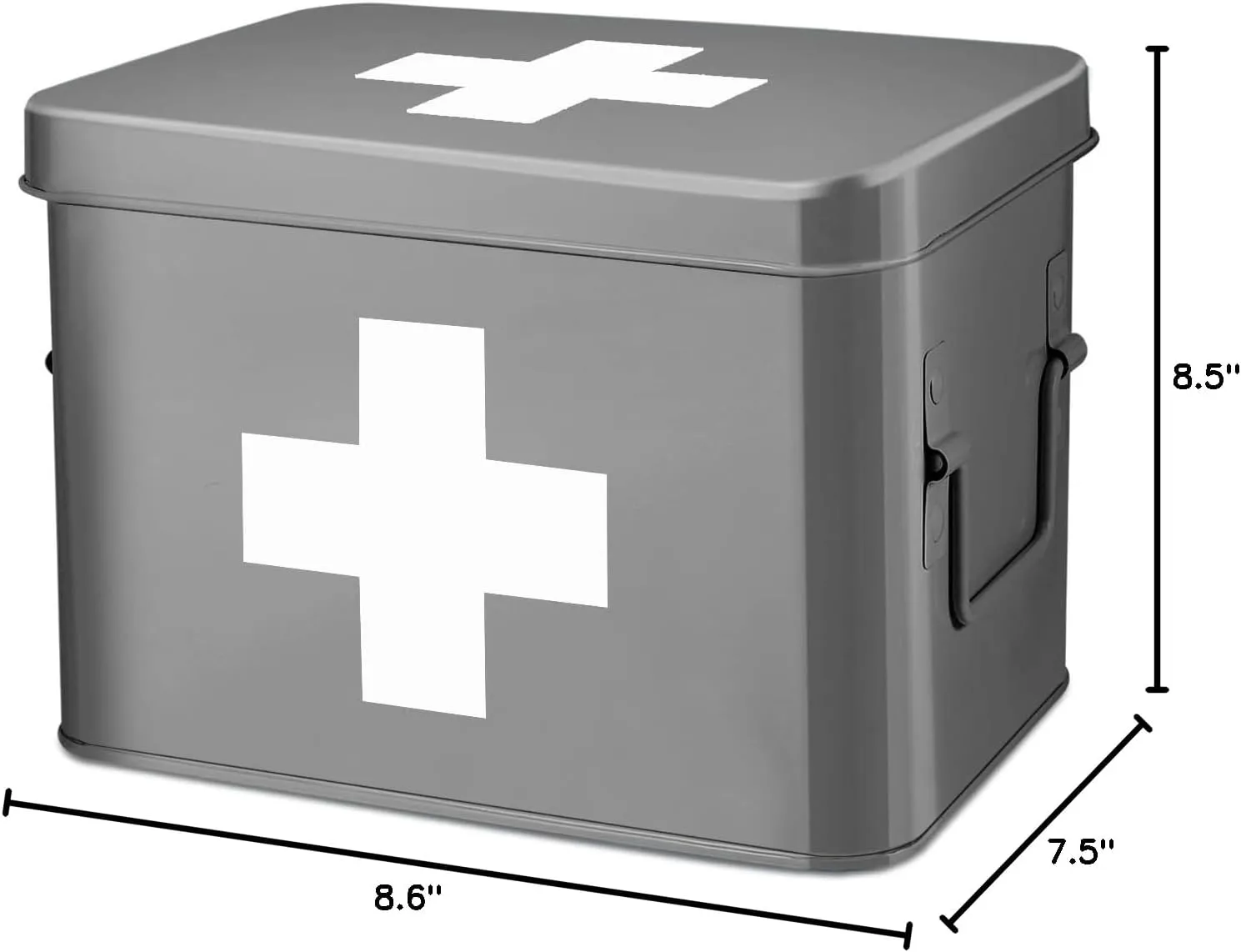 Flexzion First Aid Box Organizer, Empty 8.5 Inch Gray Vintage First Aid Kit Tin Metal Medical Box First Aid Storage Box Container Bins with Dividers, Removable Tray and Cross Logo