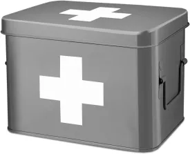 Flexzion First Aid Box Organizer, Empty 8.5 Inch Gray Vintage First Aid Kit Tin Metal Medical Box First Aid Storage Box Container Bins with Dividers, Removable Tray and Cross Logo