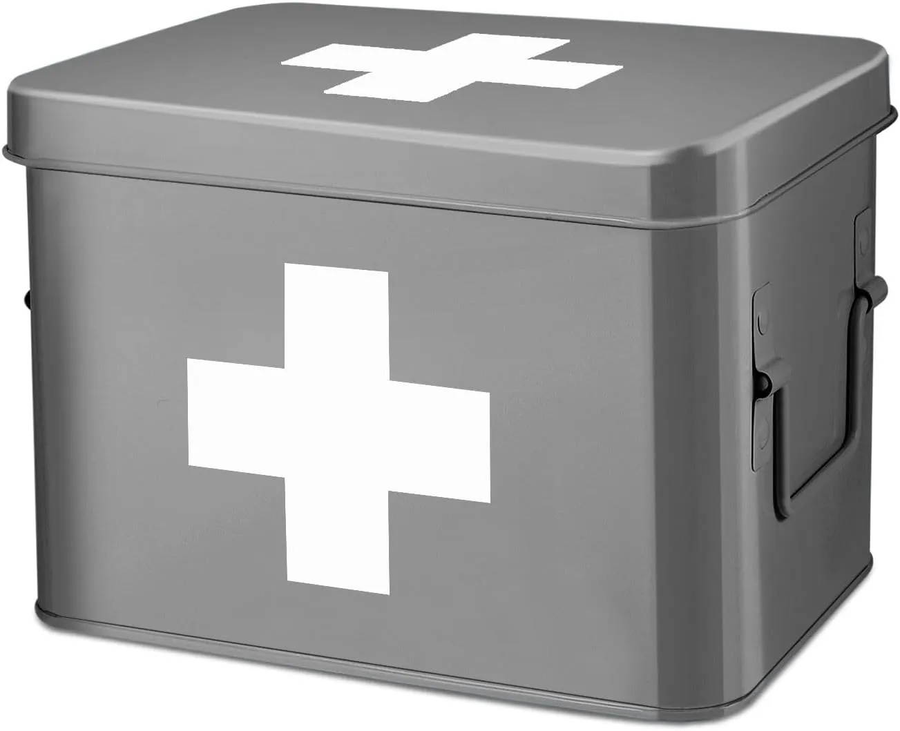 Flexzion First Aid Box Organizer, Empty 8.5 Inch Gray Vintage First Aid Kit Tin Metal Medical Box First Aid Storage Box Container Bins with Dividers, Removable Tray and Cross Logo