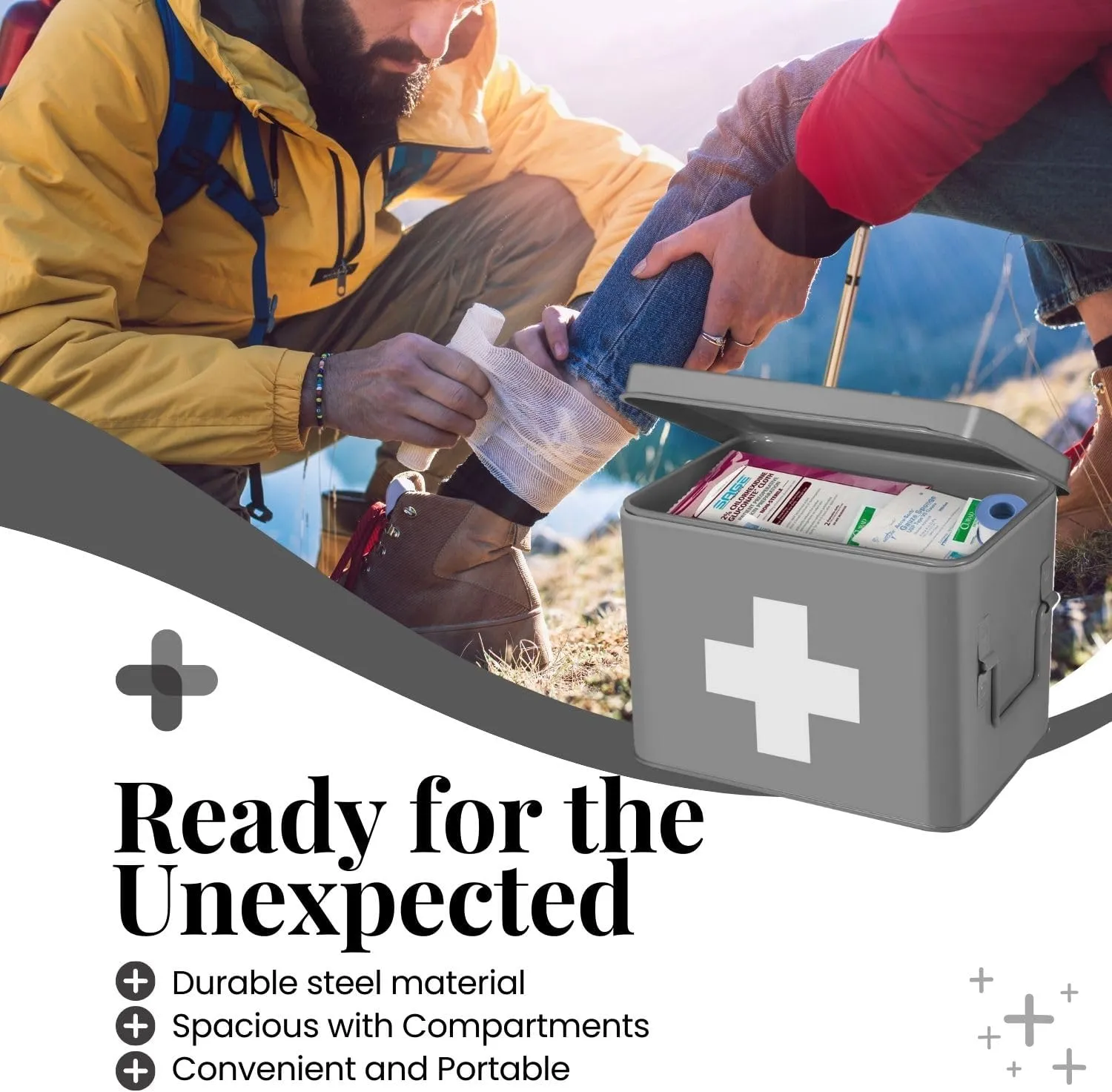 Flexzion First Aid Box Organizer, Empty 8.5 Inch Gray Vintage First Aid Kit Tin Metal Medical Box First Aid Storage Box Container Bins with Dividers, Removable Tray and Cross Logo