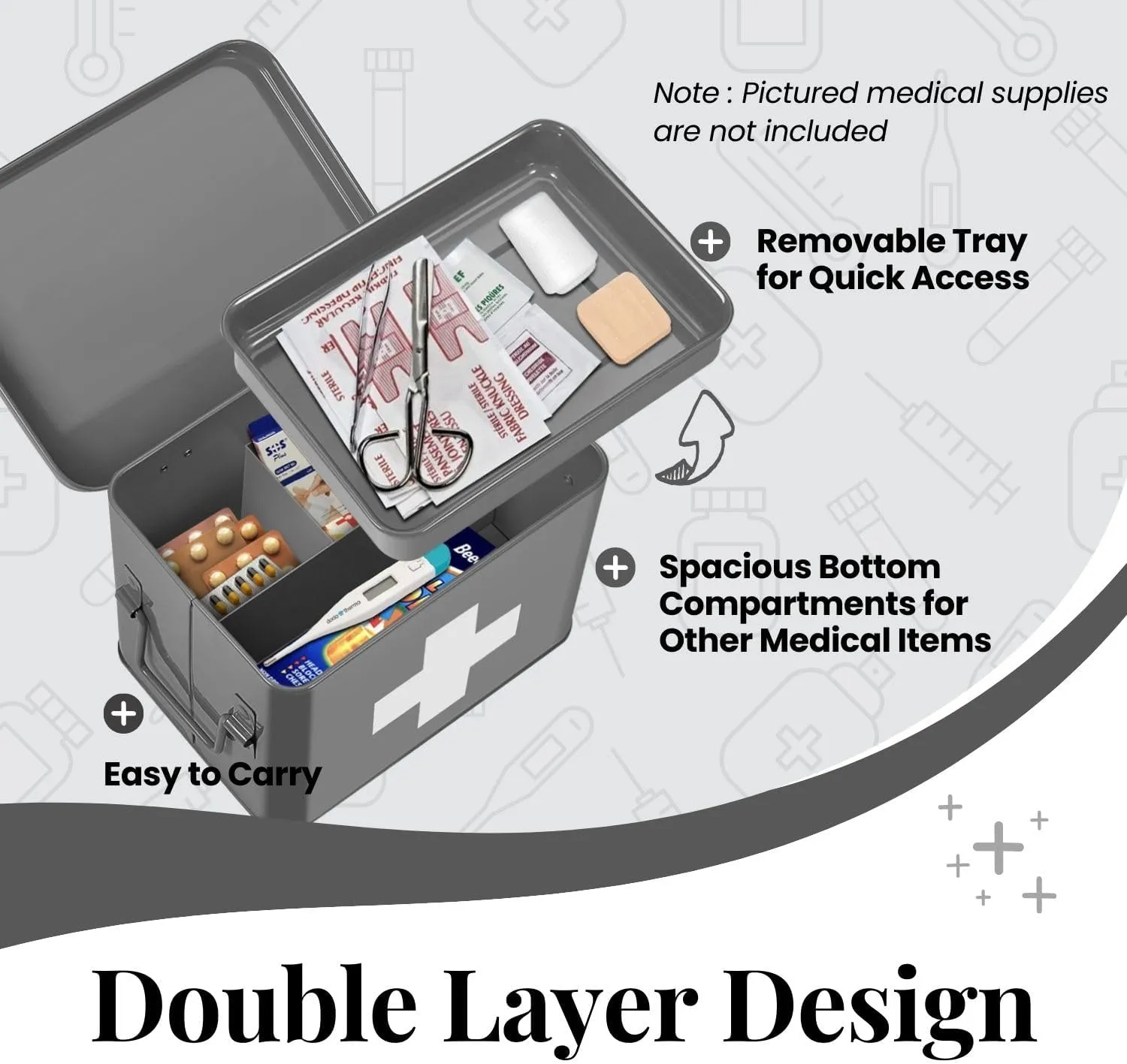 Flexzion First Aid Box Organizer, Empty 8.5 Inch Gray Vintage First Aid Kit Tin Metal Medical Box First Aid Storage Box Container Bins with Dividers, Removable Tray and Cross Logo
