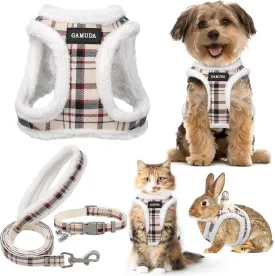 GAMUDA Small Dog Harness Collar and Leash Set, Step in No Chock No Pull Soft Mesh Adjustable Dog Vest Harnesses Plaid Reflective for Dogs Puppy Cats Kitten Rabbit (Warm Beige, XXS)