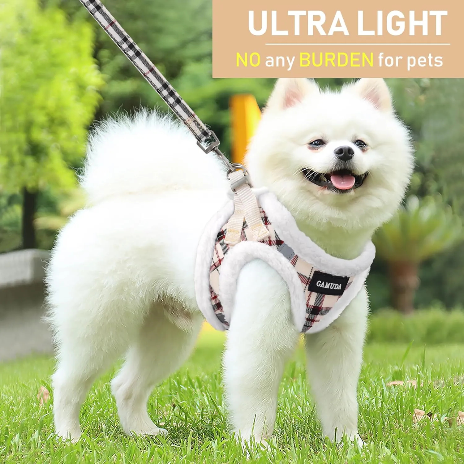 GAMUDA Small Dog Harness Collar and Leash Set, Step in No Chock No Pull Soft Mesh Adjustable Dog Vest Harnesses Plaid Reflective for Dogs Puppy Cats Kitten Rabbit (Warm Beige, XXS)