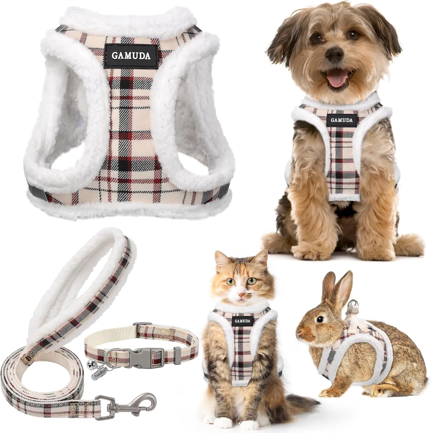 GAMUDA Small Dog Harness Collar and Leash Set, Step in No Chock No Pull Soft Mesh Adjustable Dog Vest Harnesses Plaid Reflective for Dogs Puppy Cats Kitten Rabbit (Warm Beige, XXS)