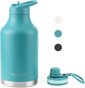 GRANDTIES 2 Lids Sports Stainless Steel Water Bottles  Wide Mouth Vacuum Insulated Reusable Leak Proof BPA-Free Travel Metal Canteen, Thermos Bottles for Men Women Gym (Atlantis Blue 64 oz)