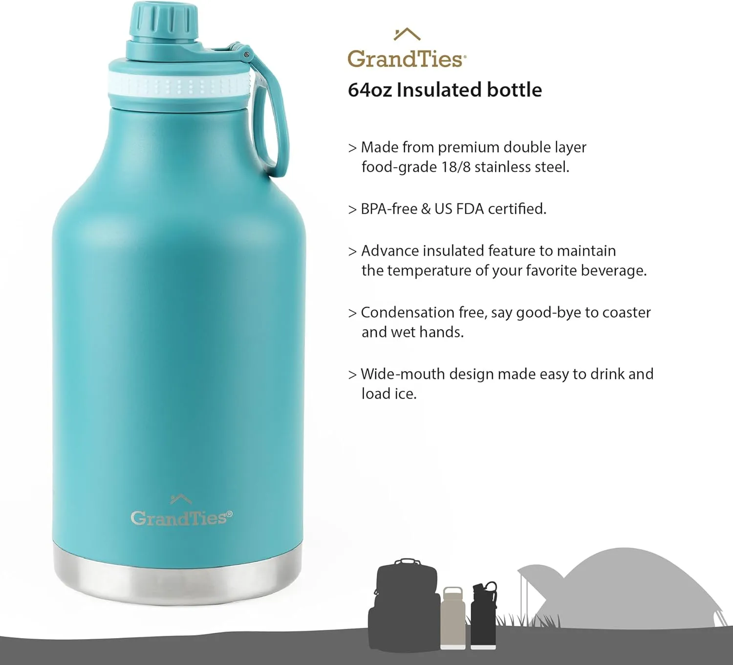 GRANDTIES 2 Lids Sports Stainless Steel Water Bottles  Wide Mouth Vacuum Insulated Reusable Leak Proof BPA-Free Travel Metal Canteen, Thermos Bottles for Men Women Gym (Atlantis Blue 64 oz)