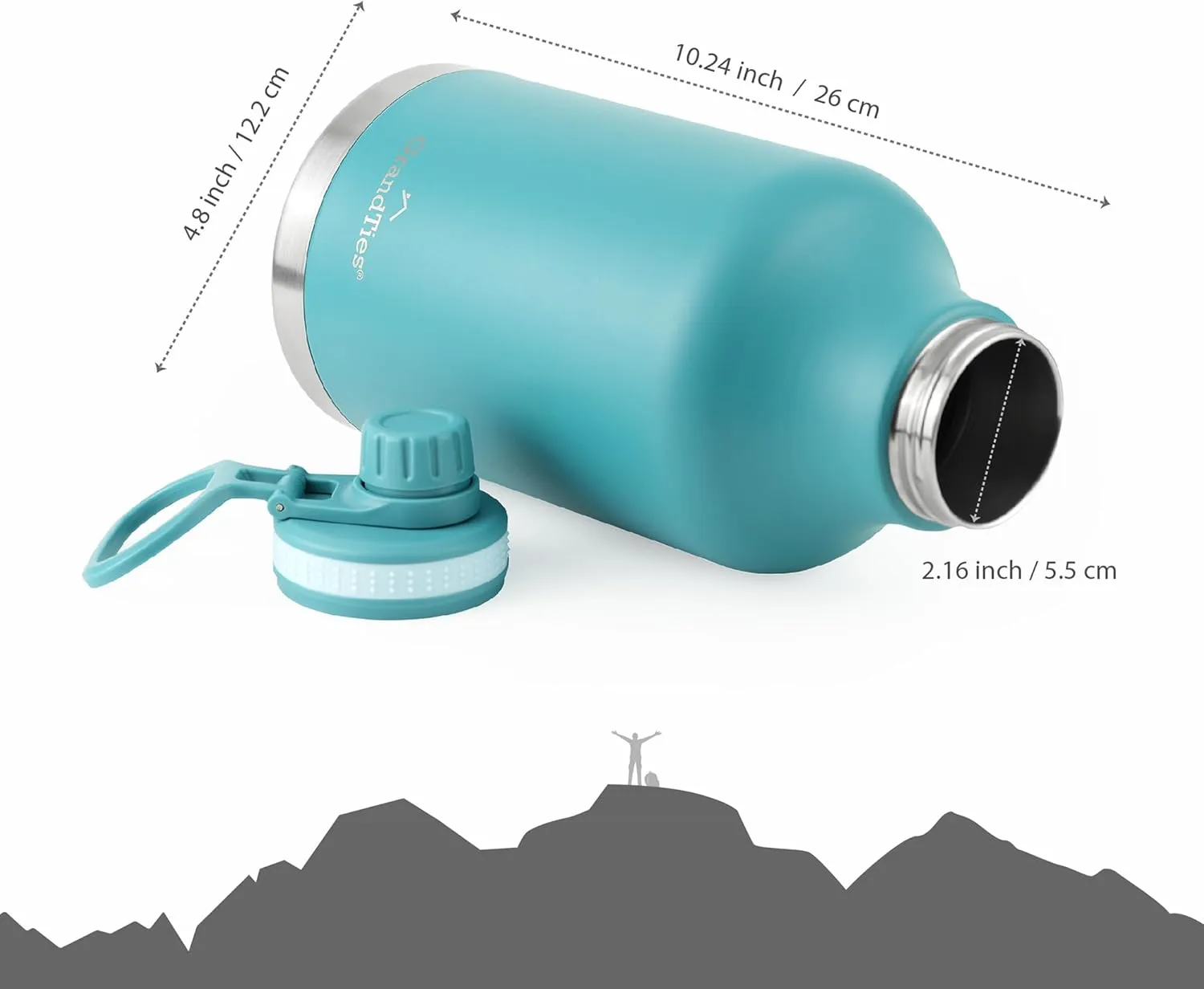 GRANDTIES 2 Lids Sports Stainless Steel Water Bottles  Wide Mouth Vacuum Insulated Reusable Leak Proof BPA-Free Travel Metal Canteen, Thermos Bottles for Men Women Gym (Atlantis Blue 64 oz)