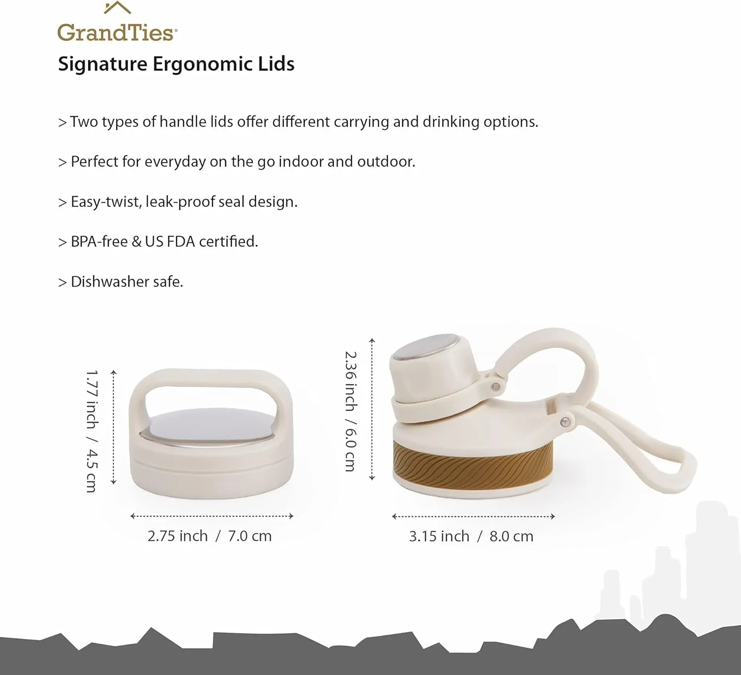 GRANDTIES 2 Lids Sports Stainless Steel Water Bottles  Wide Mouth Vacuum Insulated Reusable Leak Proof BPA-Free Travel Metal Canteen, Thermos Bottles for Men Women Gym (Ivory White 32 oz)