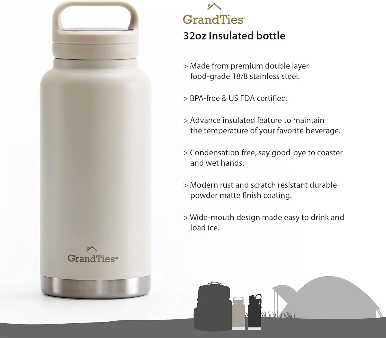 GRANDTIES 2 Lids Sports Stainless Steel Water Bottles  Wide Mouth Vacuum Insulated Reusable Leak Proof BPA-Free Travel Metal Canteen, Thermos Bottles for Men Women Gym (Ivory White 32 oz)