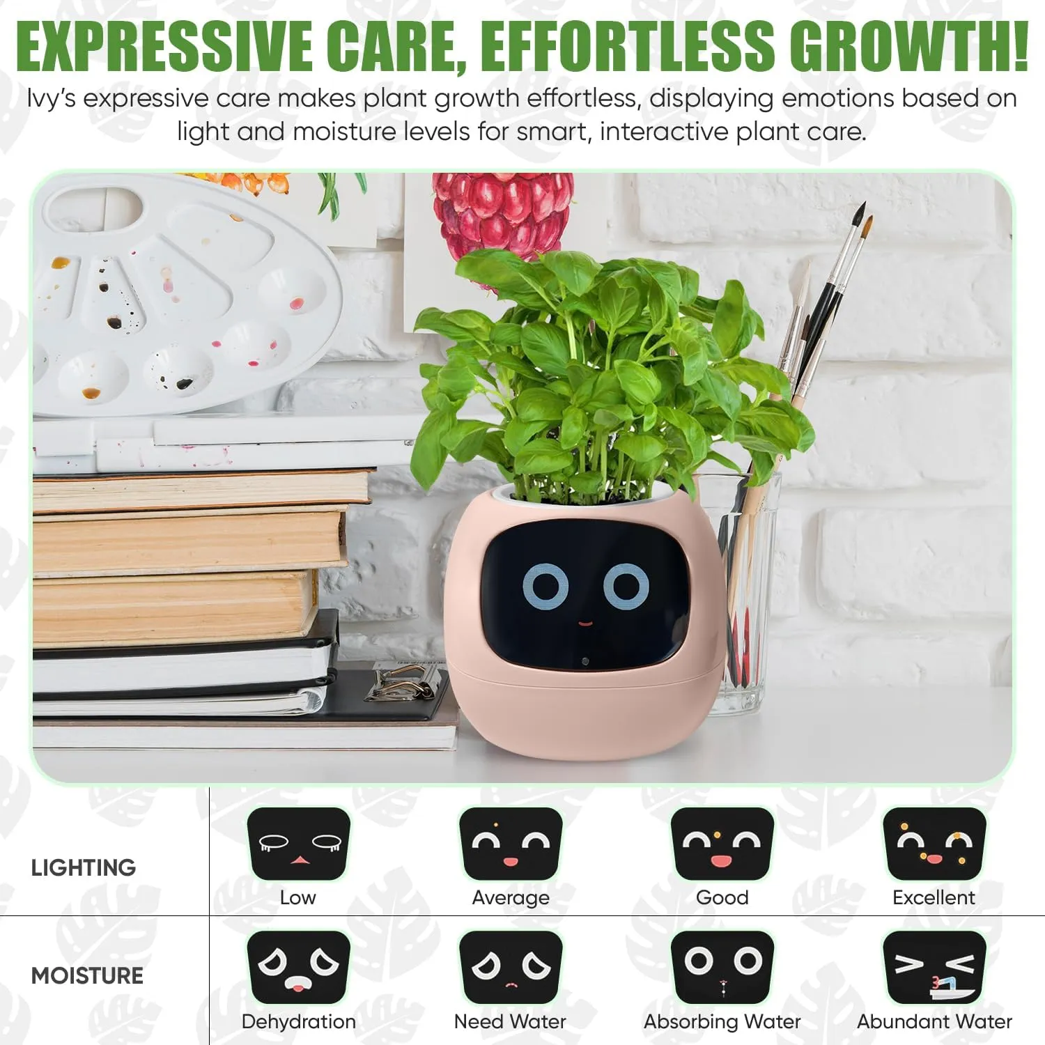 Interactive Plant Pot  Smart Planter, AI Pet Plantagotchi, tamagotchi, Leafypod and Plantiboy, Robot Flower with Feelings, Electric Maceta, Indoor Flowerpot with Water, Digital Gifts (Pink)