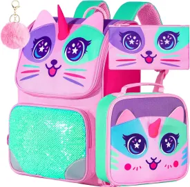 KLFVB 3PCS Backpack for Girls and Boys, 15" Unicorn Dinosaur Bookbag with Lunch Box, Kids Preschool School bag