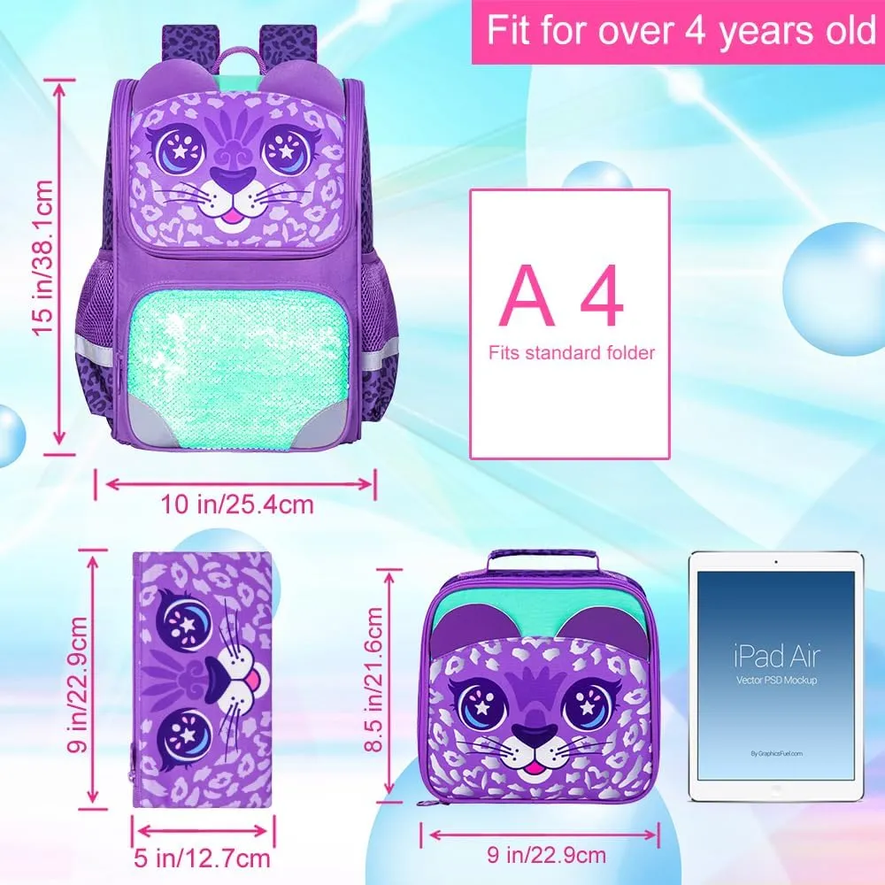 KLFVB 3PCS Backpack for Girls and Boys, 15" Unicorn Dinosaur Bookbag with Lunch Box, Kids Preschool School bag
