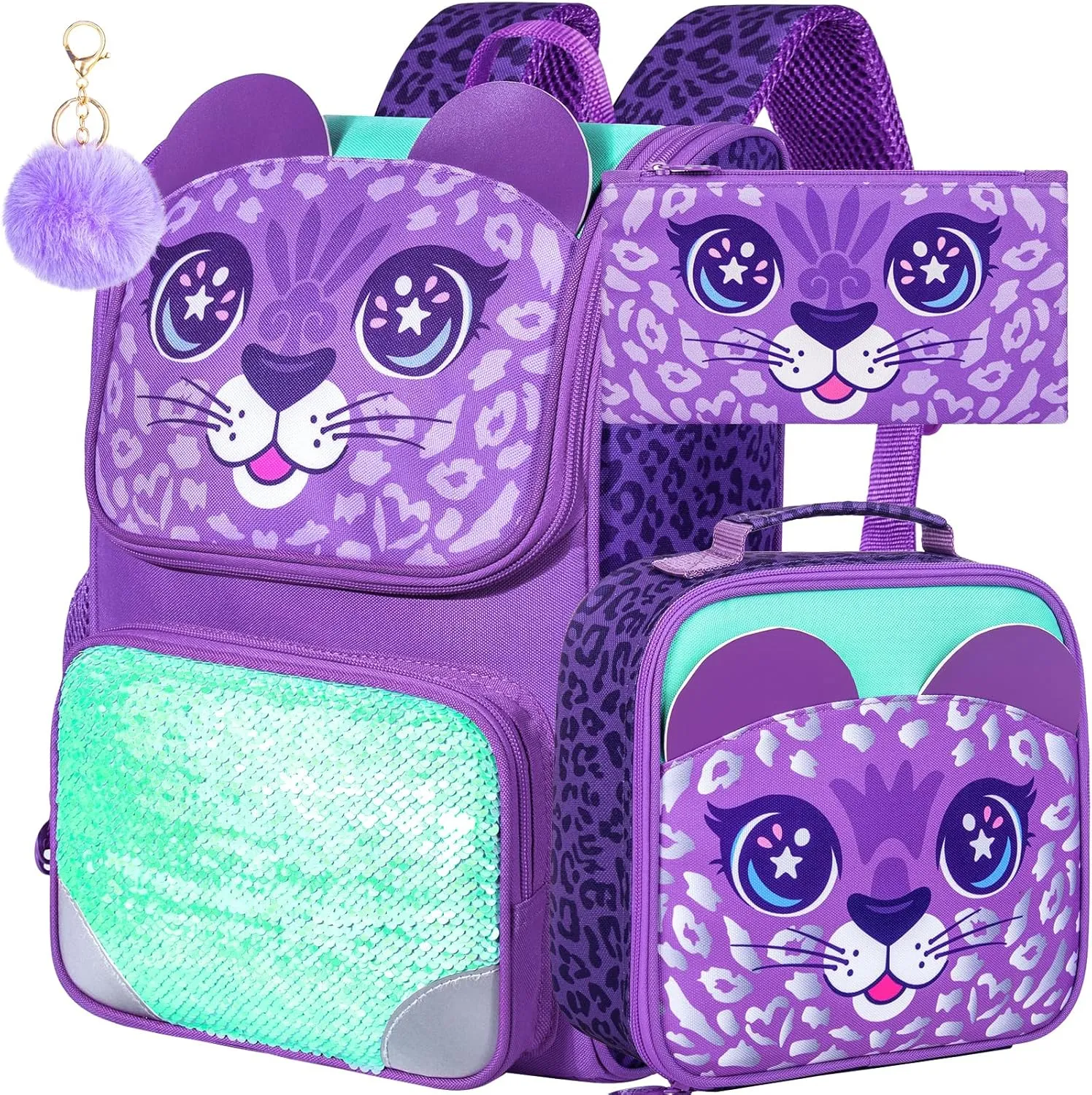 KLFVB 3PCS Backpack for Girls and Boys, 15" Unicorn Dinosaur Bookbag with Lunch Box, Kids Preschool School bag