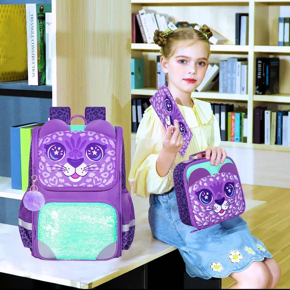 KLFVB 3PCS Backpack for Girls and Boys, 15" Unicorn Dinosaur Bookbag with Lunch Box, Kids Preschool School bag