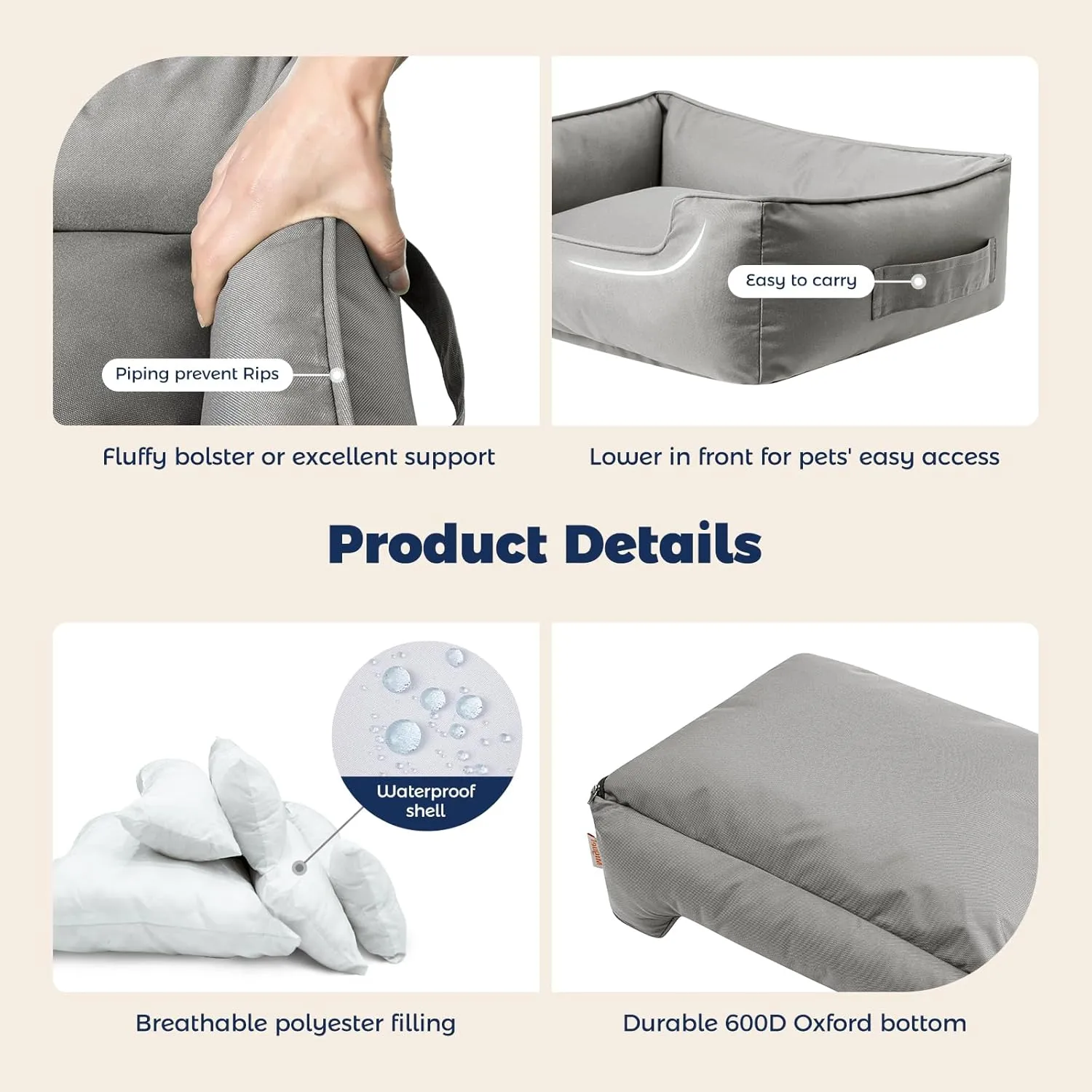 Miguel Outdoor Waterproof Cat Bed with Side, Oxford Durable Dog Bed for Small Dog Easy Clean, All Weather Rectangle Medium Pet Bed Bolster Tough Puppy Bed Scratch Resistant Removable Cover, 20 inches
