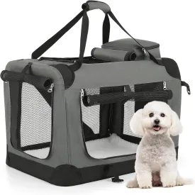MoNiBloom 23 Inch Soft Travel Dog Crate w/Carrying Bags and Mat, 3 Door Soft Sided Dog Kennel w/Chew Proof Mesh for Camping, Gray