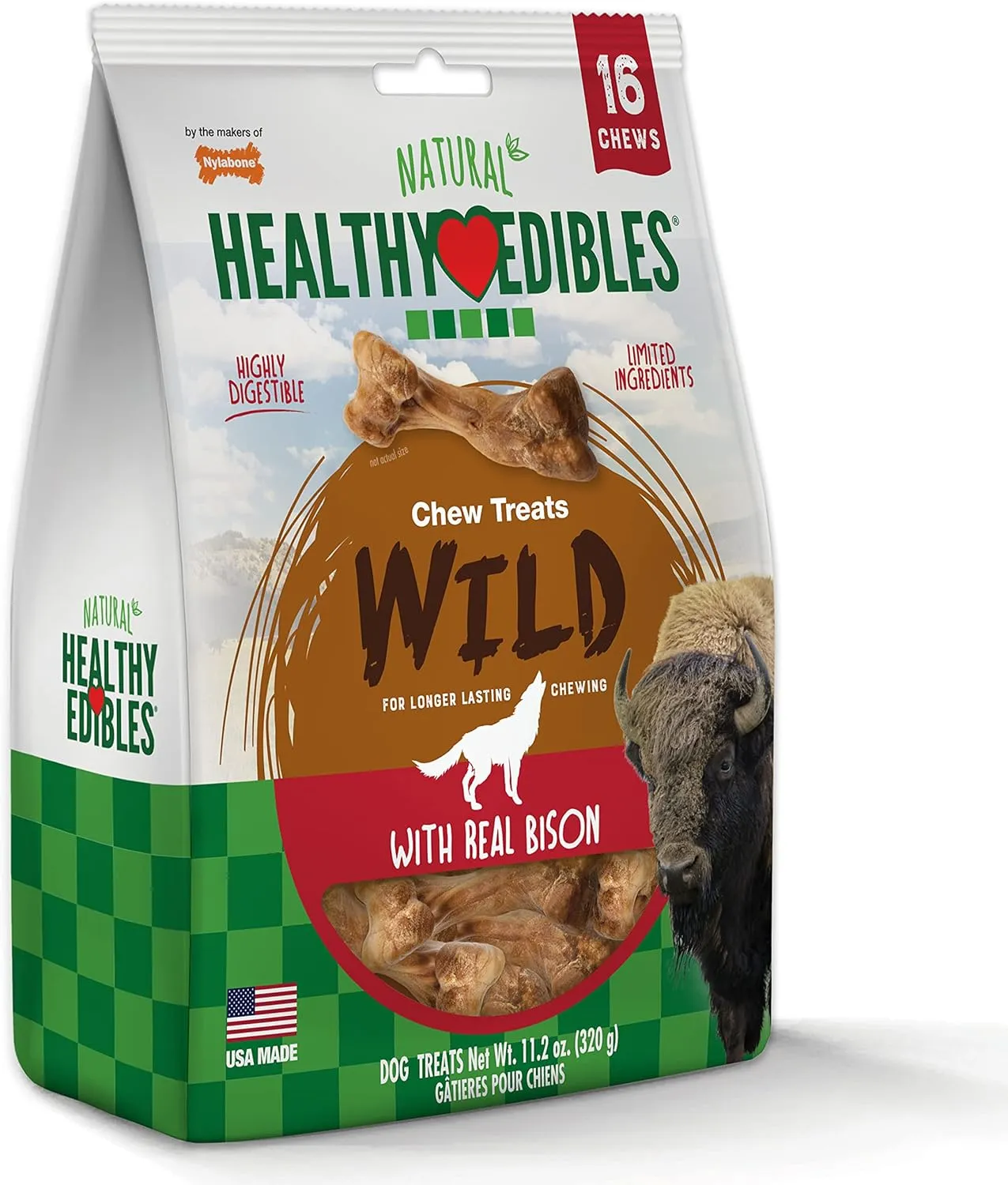 Nylabone Healthy Edibles WILD Natural Long-Lasting Bison Flavor Bone Chew Treats for Dogs, Small (16 Count)