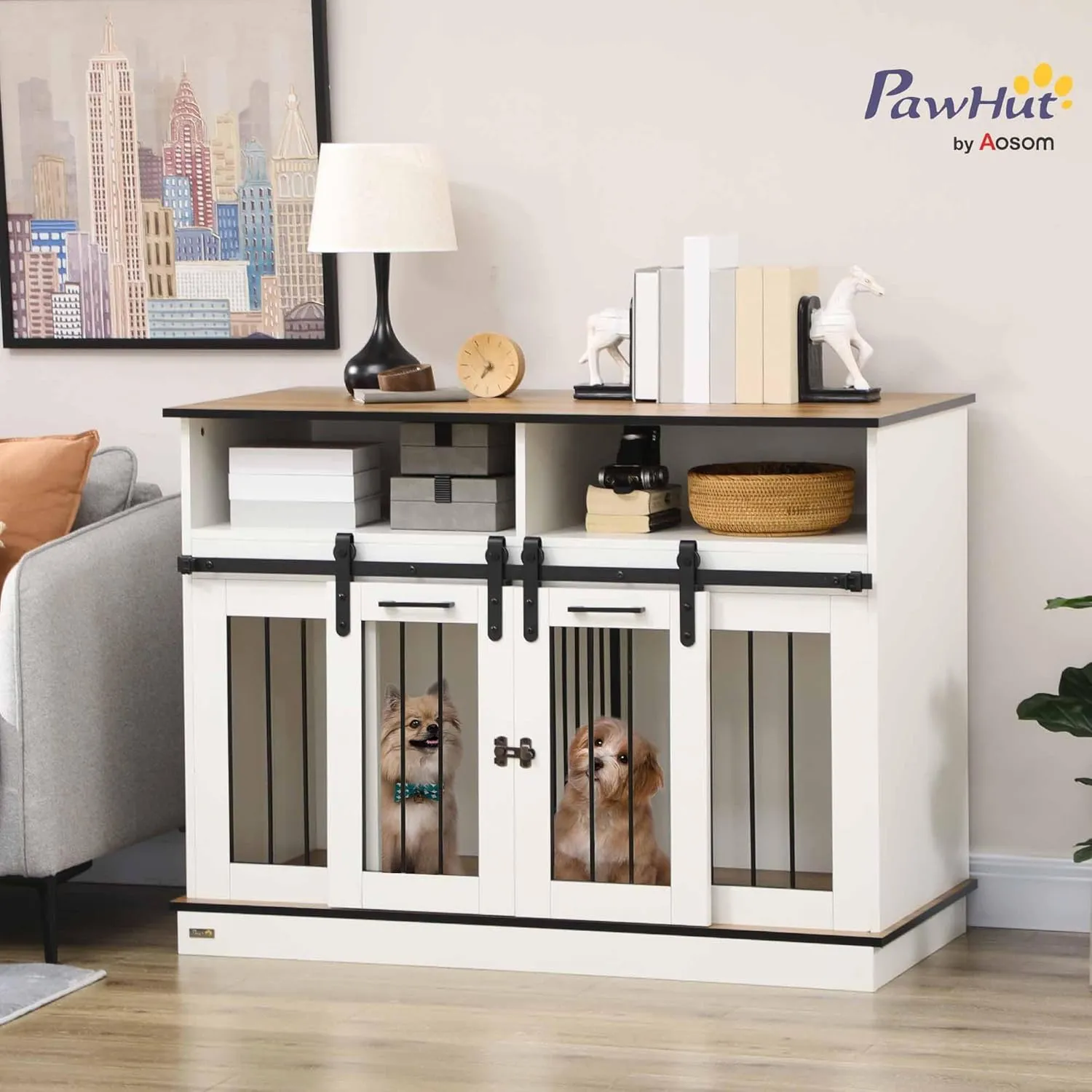 PawHut Dog Crate Furniture for Large Dogs or Double Dog Kennel for Small Dogs with Shelves, Sliding Doors, 47" x 23.5" x 35", White