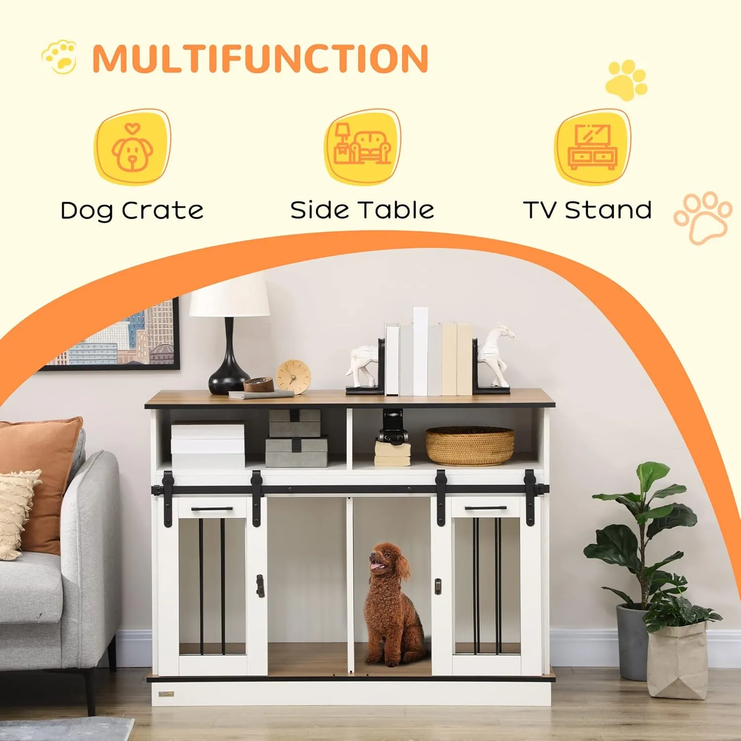 PawHut Dog Crate Furniture for Large Dogs or Double Dog Kennel for Small Dogs with Shelves, Sliding Doors, 47" x 23.5" x 35", White