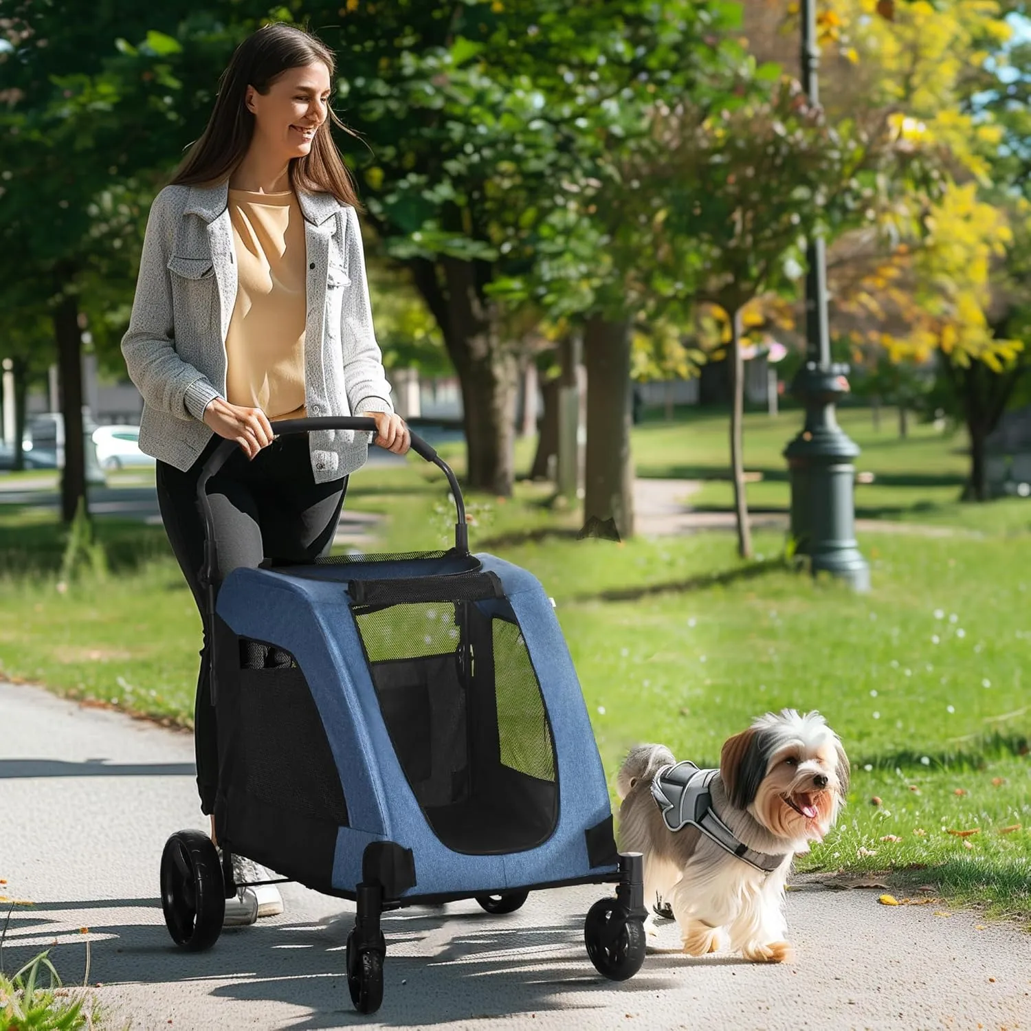 PawHut Dog Stroller for Medium and Large Dogs, 4 Wheels Folding Pet Cat Stroller with Universal Wheels, Storage Basket, Safety Leash, Blue