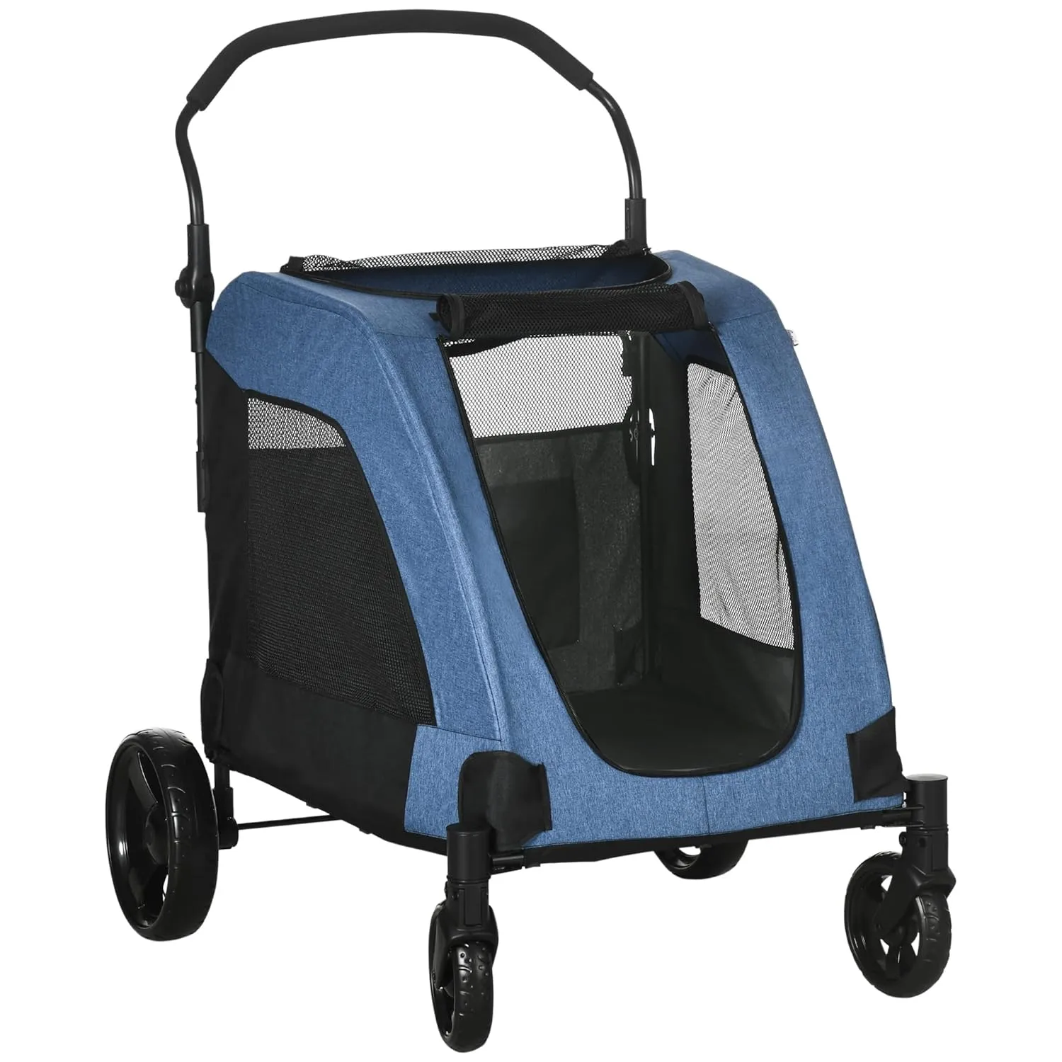 PawHut Dog Stroller for Medium and Large Dogs, 4 Wheels Folding Pet Cat Stroller with Universal Wheels, Storage Basket, Safety Leash, Blue