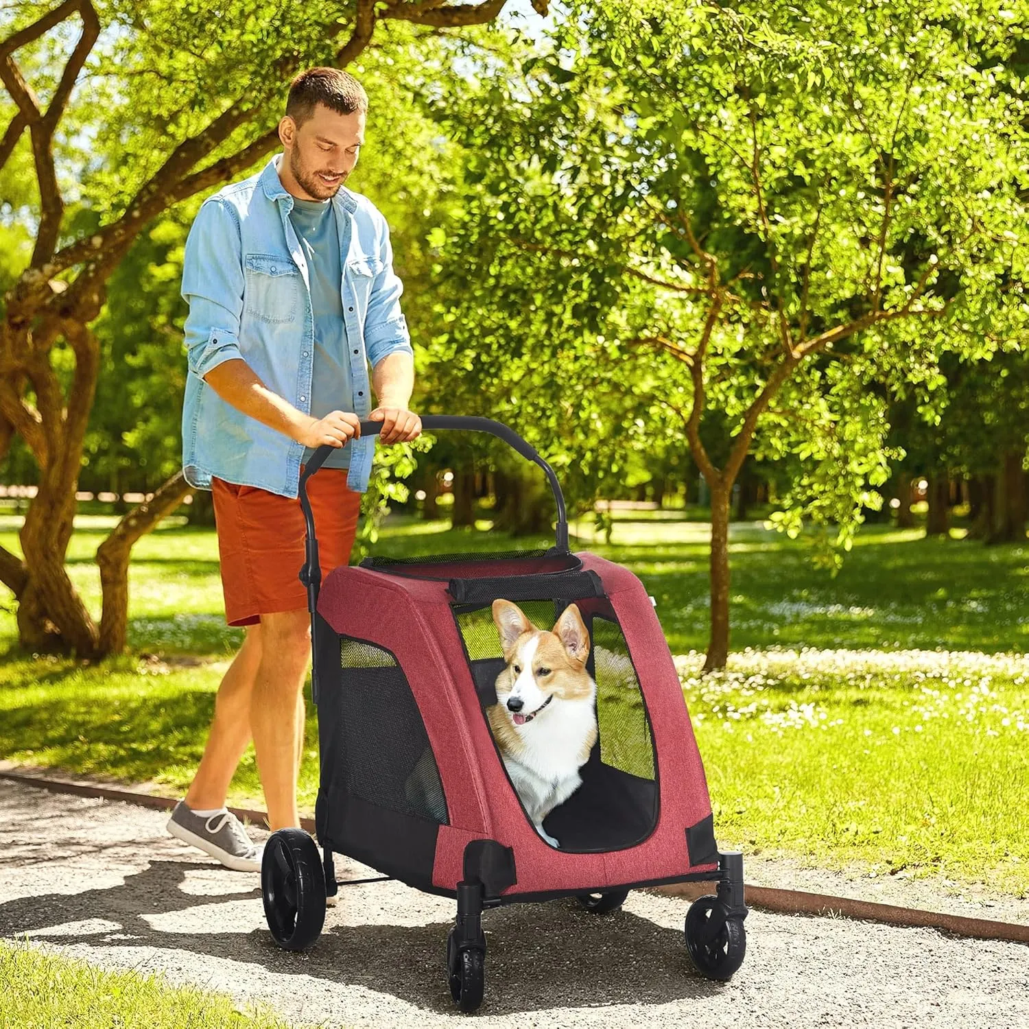 PawHut Dog Stroller for Medium and Large Dogs, 4 Wheels Folding Pet Cat Stroller with Universal Wheels, Storage Basket, Safety Leash, Red